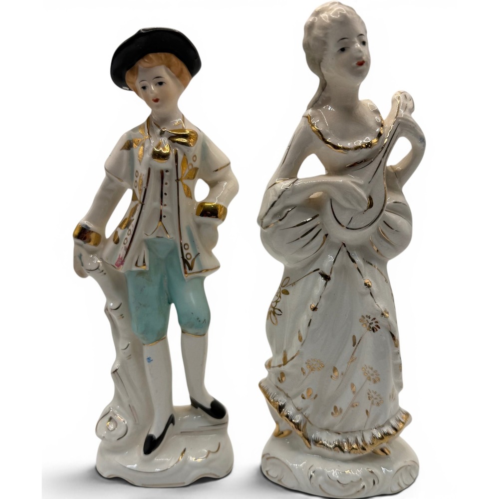 Vintage SR Japan Porcelain Colonial Couple Figurines Gold Gilt Mid Century Pair